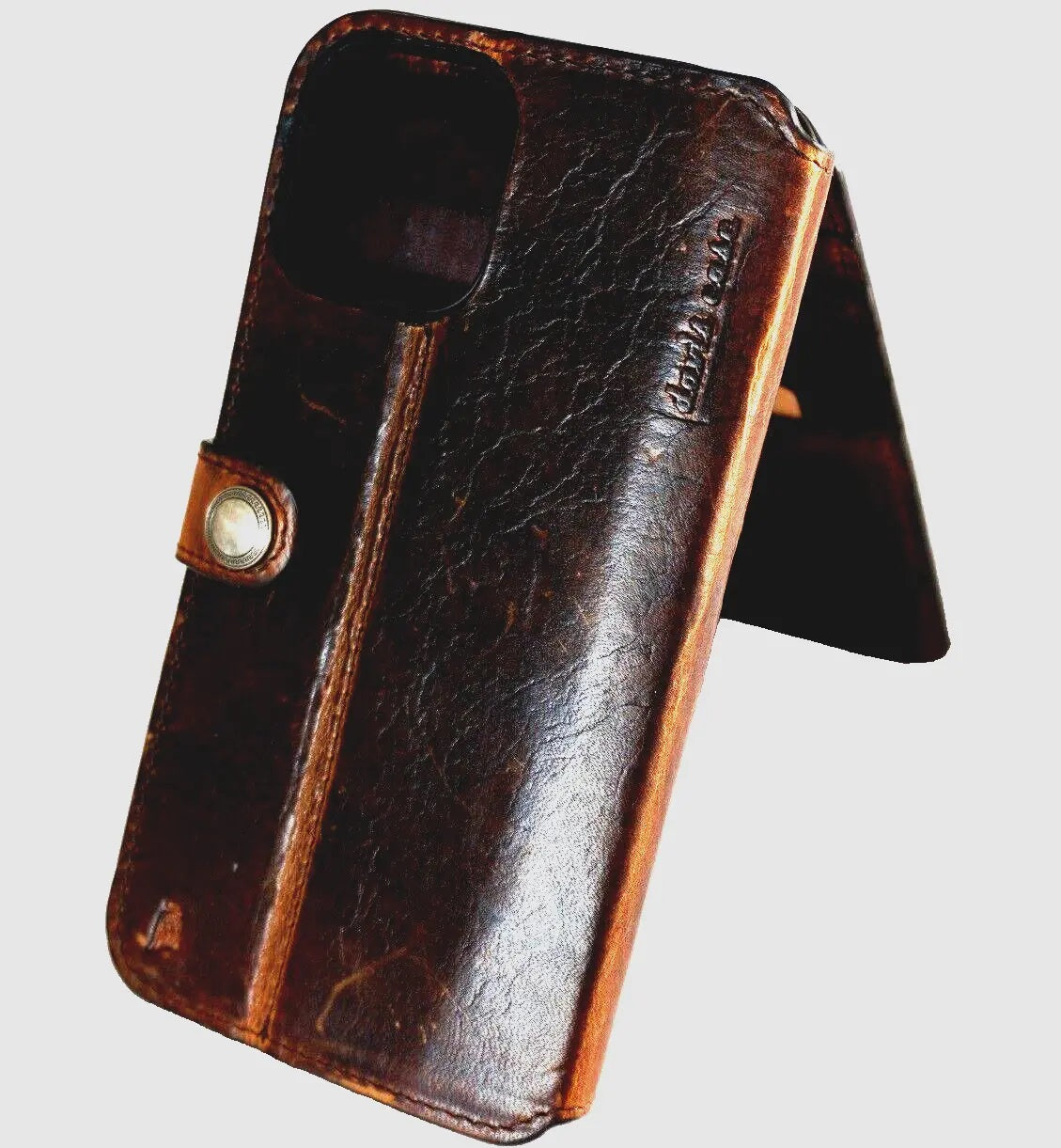 Handmade genuine leather phone case for iPhone 11-15 Pro Max, with credit card slots and vintage shark crafts design by DAVISCASE.