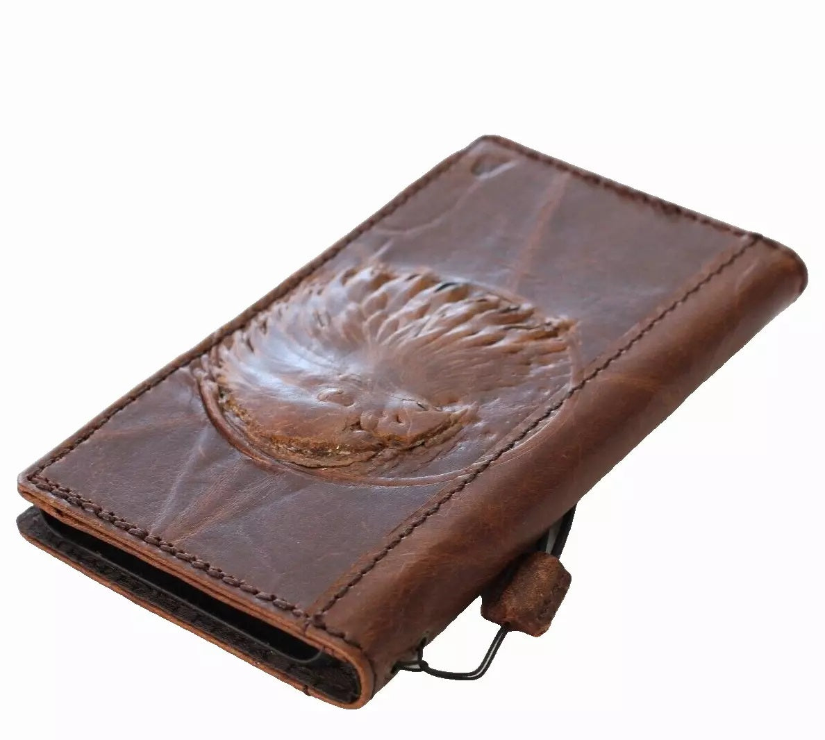 Handmade genuine leather phone case by DAVISCASE for iPhone 16, 14, 13, 12, 15 Pro Max with vintage eagle craft design and card slots
