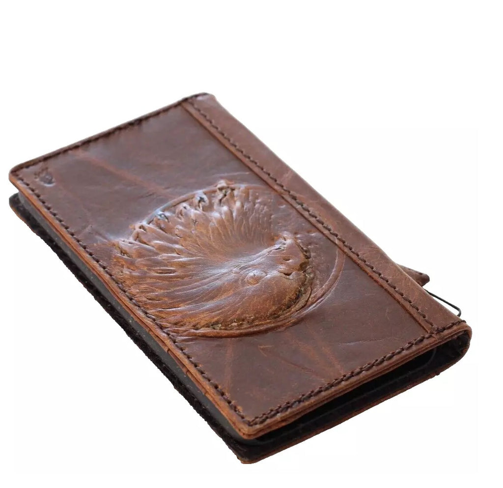 Handmade genuine leather phone case for iPhone models 8 to 16, featuring vintage craft design with card slots and wallet style.