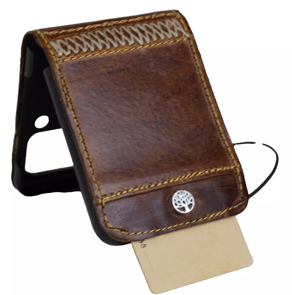Handmade tan leather wallet case with tree of life design for Galaxy Z Flip 3, 4, 5, 6, 7, by DAVISCASE.