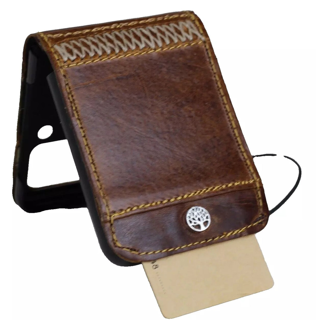 Handmade tan leather wallet case with tree of life design for Galaxy Z Flip 3, 4, 5, 6, 7, by DAVISCASE.