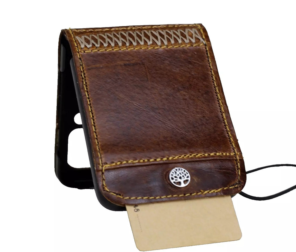 Handmade genuine leather wallet case for Samsung Galaxy Z Flip 3-7, Tan color with Tree of Life design, fits Flip6 and Flip5 Mini.