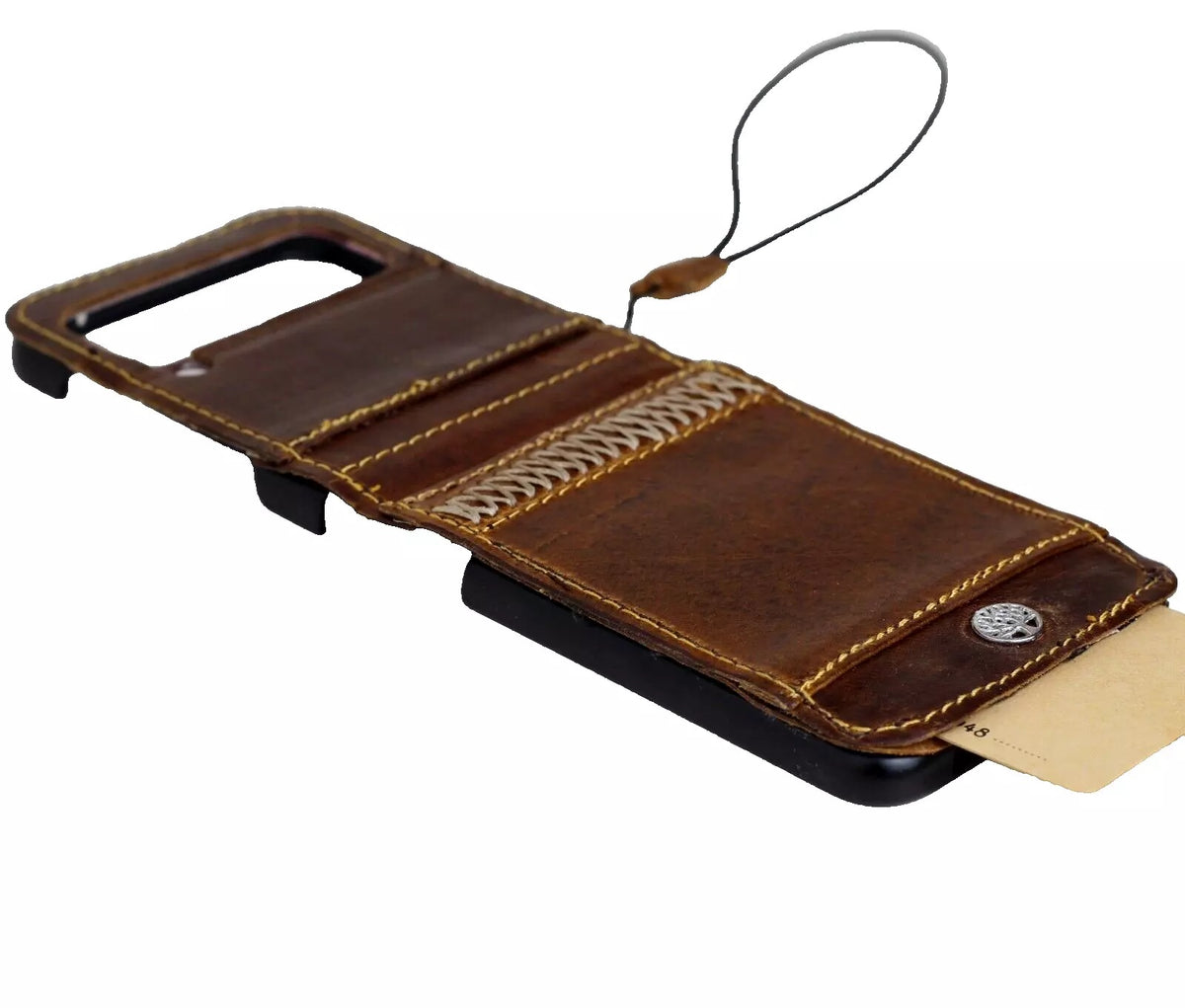 Handmade genuine leather wallet case for Galaxy Z Flip 3-7 featuring a Tan Tree of Life design, by DAVISCASE.