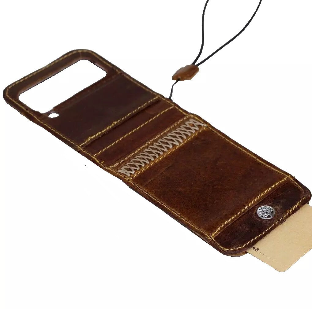 Handmade genuine leather wallet case for Galaxy Z Flip 3-7 with Tree of Life design in tan from DAVISCASE.