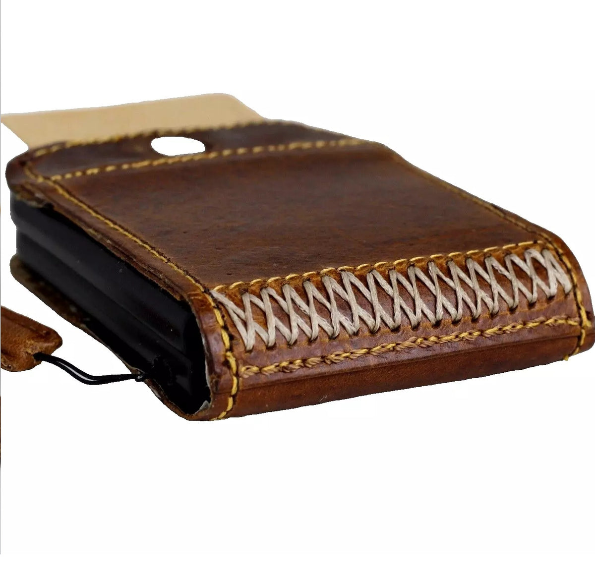 Handmade tan leather wallet phone case for Galaxy Z Flip 3-7 with Tree of Life design, featuring a flip cover and card slots.