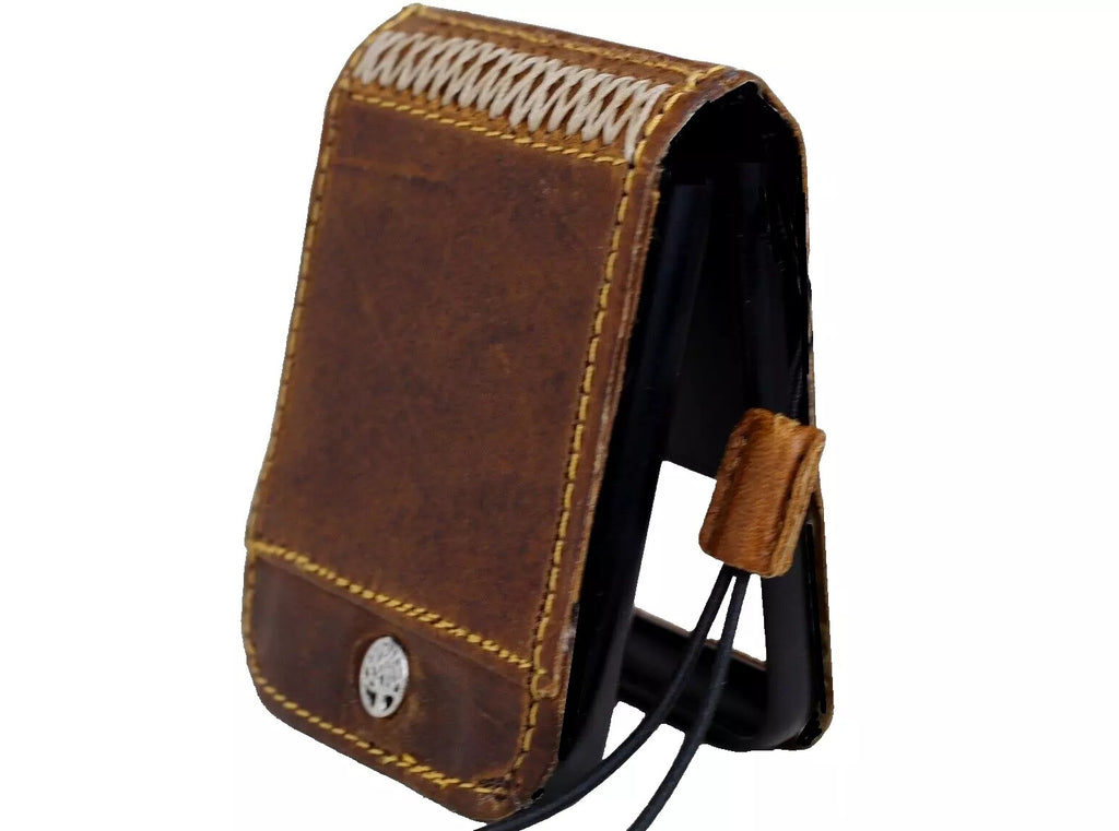 Handmade genuine leather wallet phone case for Galaxy Z Flip, with Tree of Life design in tan, by DAVISCASE.