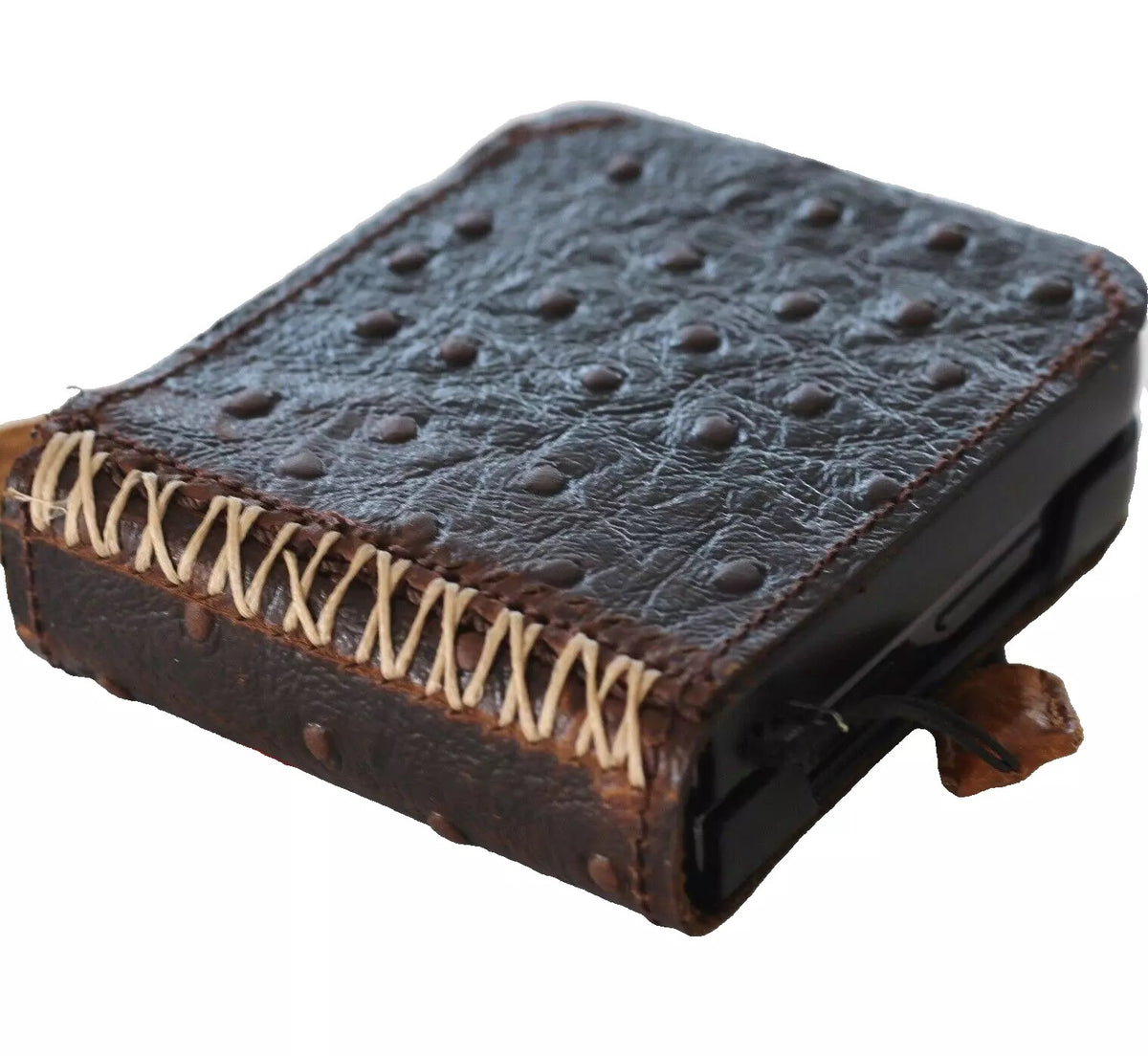 Genuine leather wallet book case for Galaxy Z Flip 3 4 5 6 7, handcrafted with mini ostrich stamp by DAVISCASE.