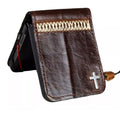 Handmade genuine leather phone case for Samsung Galaxy Z Flip series, with wallet-style flip cover and cross stamp detail.