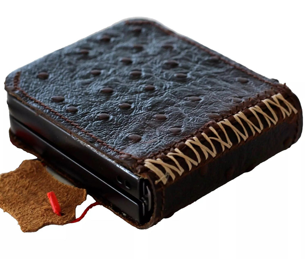 Handmade genuine leather wallet phone case for Galaxy Z Flip 3-7 with mini ostrich stamp design by DAVISCASE.