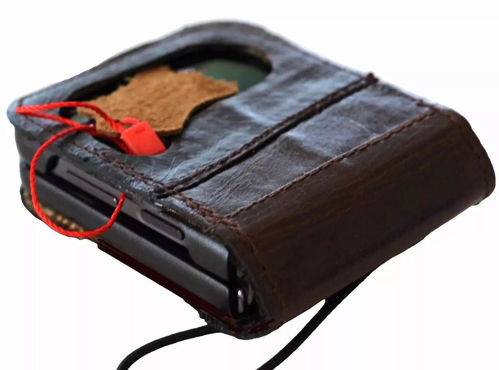 Handmade genuine leather phone case for Galaxy Z Flip 3 to 7 by DAVISCASE, with wallet design and cross stamp detail.