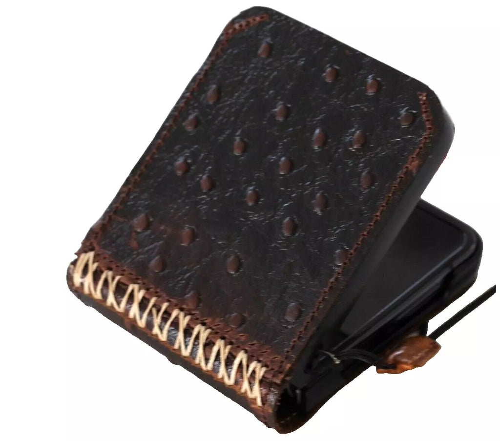 Handmade genuine leather wallet phone case with mini ostrich stamp for Galaxy Z Flip 3-7, featuring a stylish book cover design by DAVISCASE.