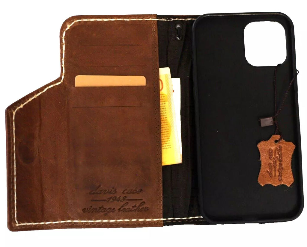 Handcrafted genuine leather wallet case for Apple iPhone 12-16 Pro Max and SE, with magnetic closure in tan color by DAVISCASE.