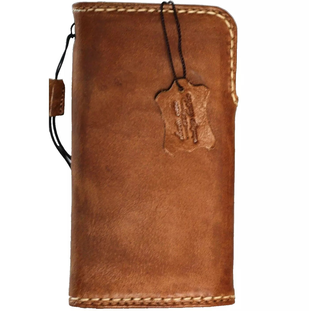Handcrafted tan leather phone case for iPhone 12-16 Pro Max, 8 Plus, SE, with wallet and magnetic sew closure by DAVISCASE.