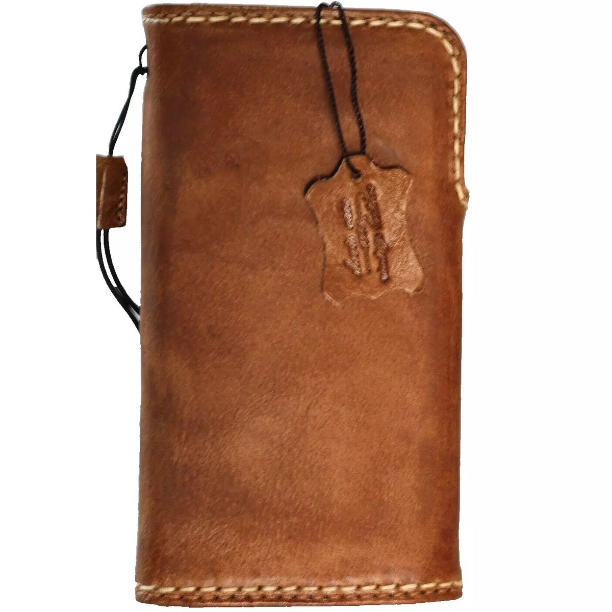 Handcrafted tan leather phone case for iPhone 12-16 Pro Max, 8 Plus, SE, with wallet and magnetic sew closure by DAVISCASE.