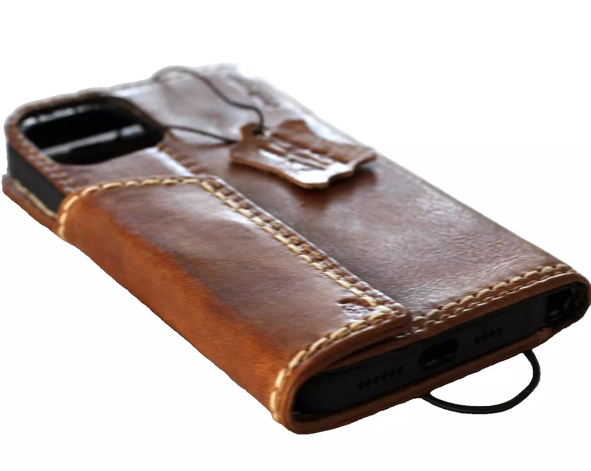 Handcrafted genuine leather wallet case for Apple iPhone 12-16 Pro Max and SE by DAVISCASE, featuring magnetic closure and tan finish.