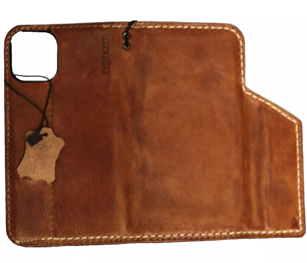 Handmade genuine leather wallet case for iPhone 12-16 Pro Max, 8 Plus, SE, in tan with magnetic closure, crafted by DAVISCASE.