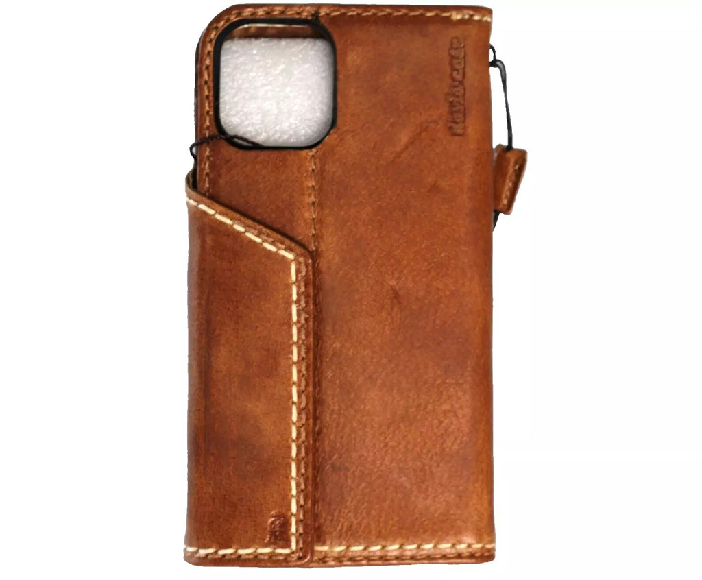 Handcrafted genuine leather wallet case for Apple iPhone 12-16 Pro Max, 8 Plus, and SE by DAVISCASE in tan with magnetic closure.
