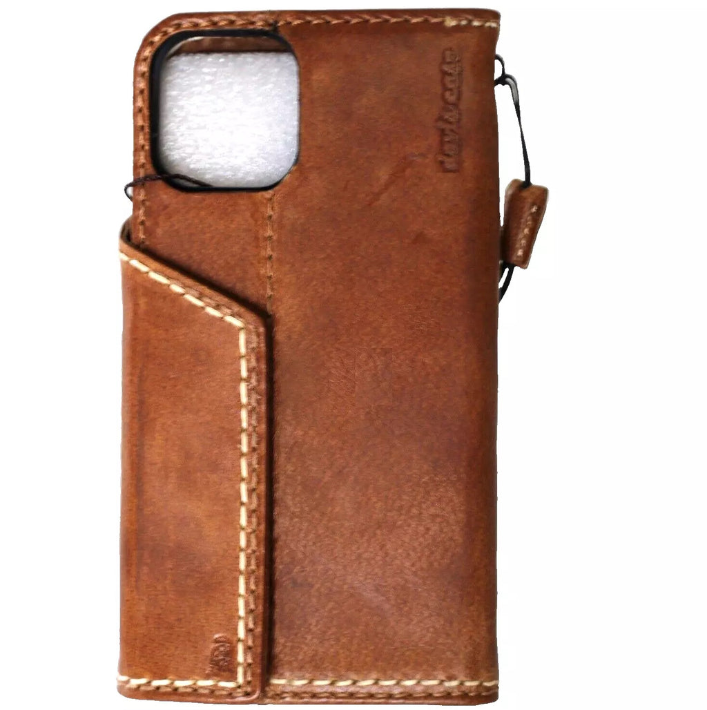 Handmade genuine leather wallet phone case for iPhone 12-16 Pro Max and SE by DAVISCASE, featuring magnetic closure and tan finish.