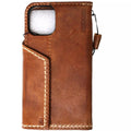 Handmade genuine leather wallet phone case for iPhone 12-16 Pro Max and SE by DAVISCASE, featuring magnetic closure and tan finish.