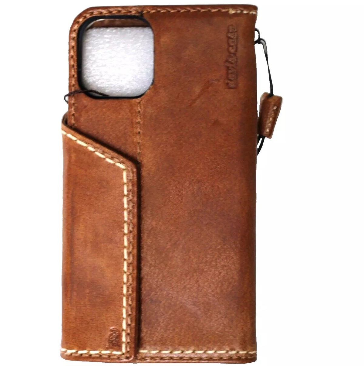Handmade genuine leather wallet phone case for iPhone 12-16 Pro Max and SE by DAVISCASE, featuring magnetic closure and tan finish.
