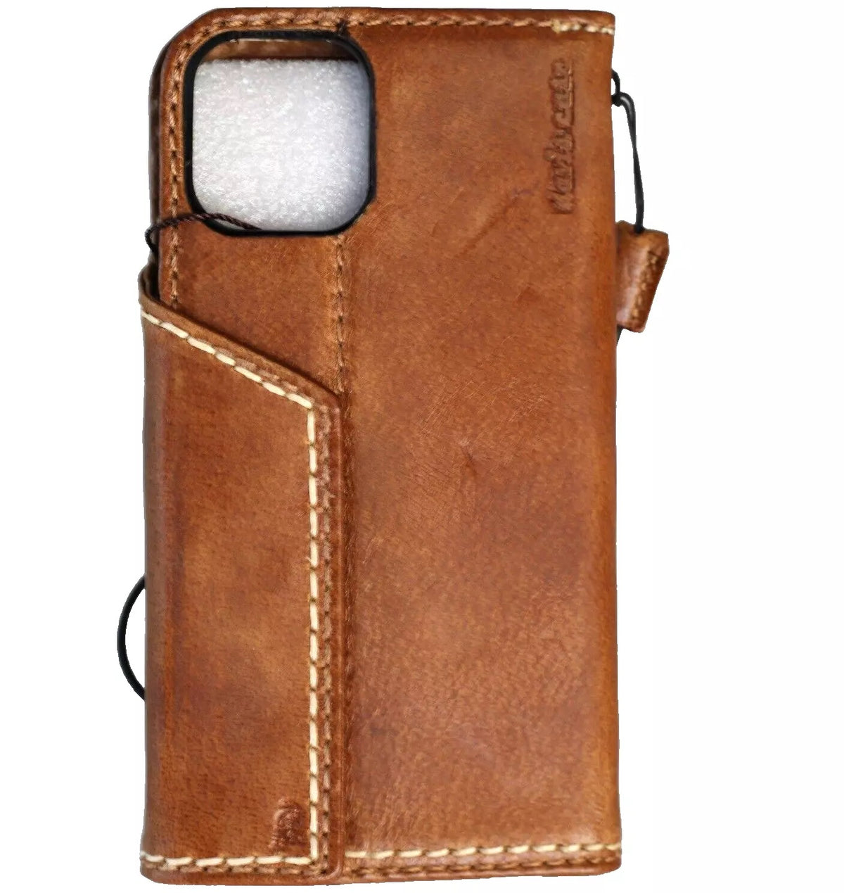 Handcrafted tan leather wallet case for Apple iPhone 12-16 Pro Max and SE, featuring magnetic closure and sewing details.