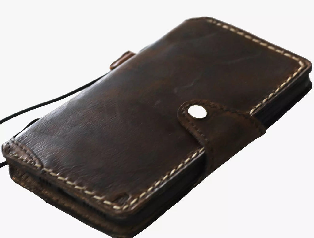 Handmade dark genuine leather wallet case for Apple iPhone 14-17 Pro Max and 8 Plus, featuring a sleek, luxury minimalist design.