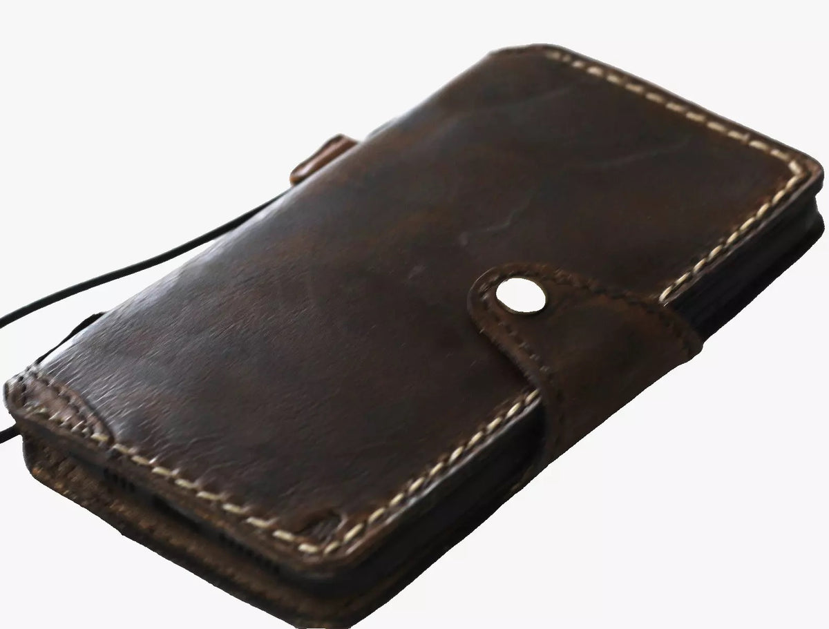 Handmade dark genuine leather wallet case for Apple iPhone 14-17 Pro Max and 8 Plus, featuring a sleek, luxury minimalist design.