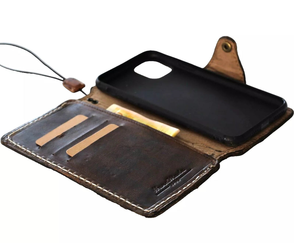 Handmade genuine leather phone case for iPhone 14-17 Pro Max and Air Wallet Book Cover by DAVISCASE in dark color.