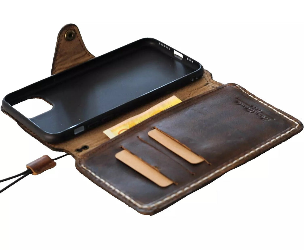 Handmade genuine leather phone case for iPhone 14-17 Pro Max, Air Wallet Book Cover in dark color by DAVISCASE.