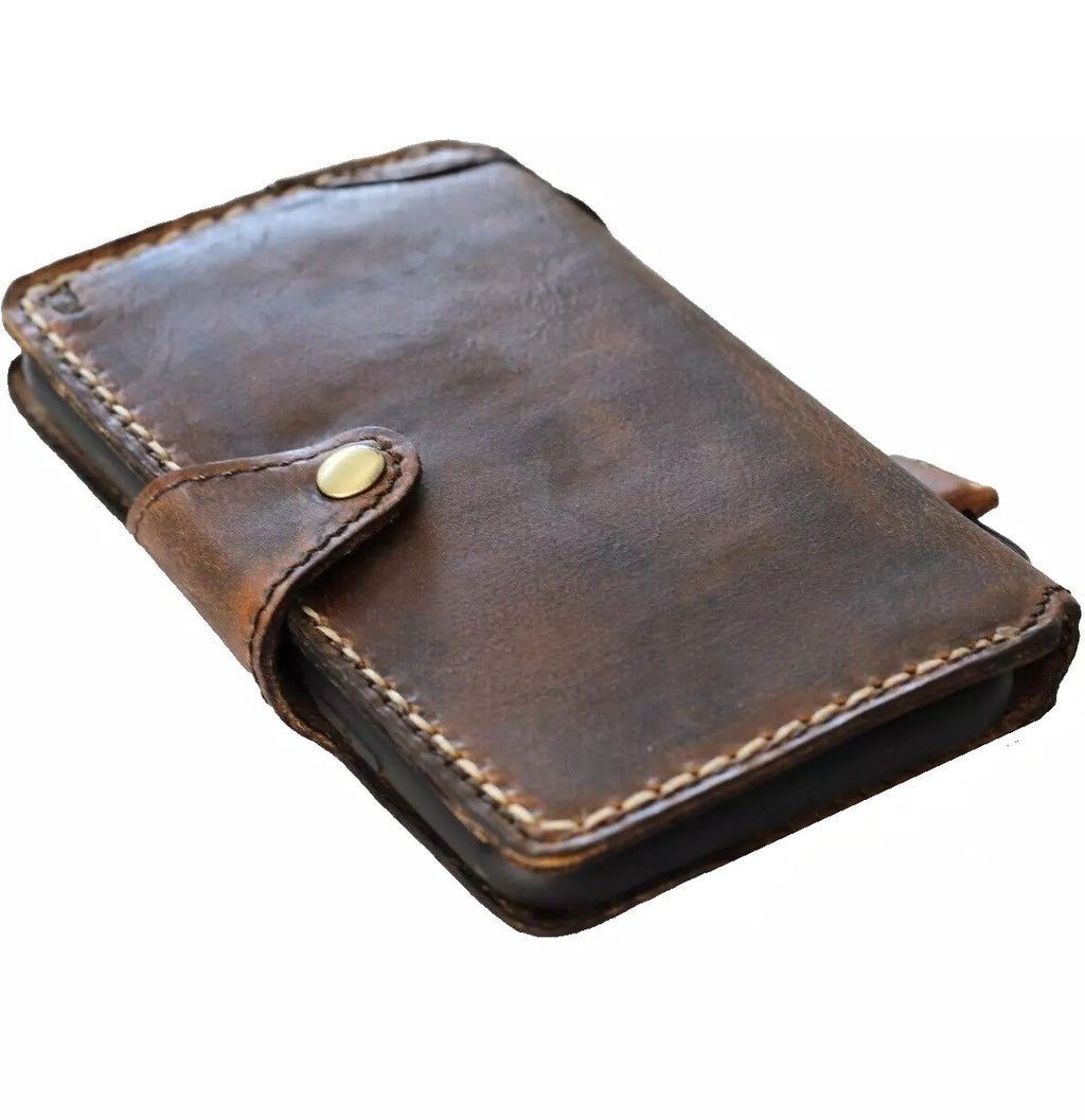 Handmade genuine leather phone case for iPhone 14-17 Pro Max and Air Wallet Book Cover in dark color by DAVISCASE.