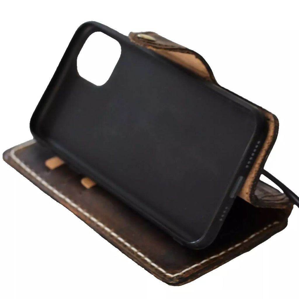 Handmade genuine leather phone case for Galaxy S21, S20, Note Z Fold 3-7, and S23, S24, S25 Edge Ultra, wallet style in dark color.