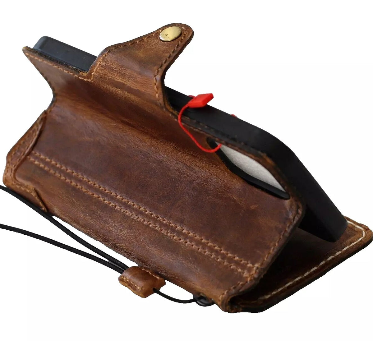 Handmade genuine leather case for iPhone 12-16 Pro Max and SE, featuring a wallet book cover design by DAVISCASE.