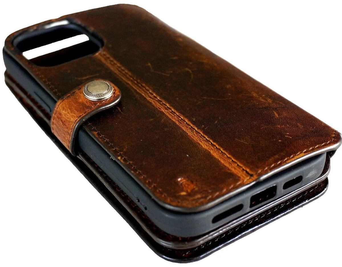 Handmade genuine leather phone case for iPhone 11-15 Pro Max, with credit card slots and vintage shark craft design by DAVISCASE.