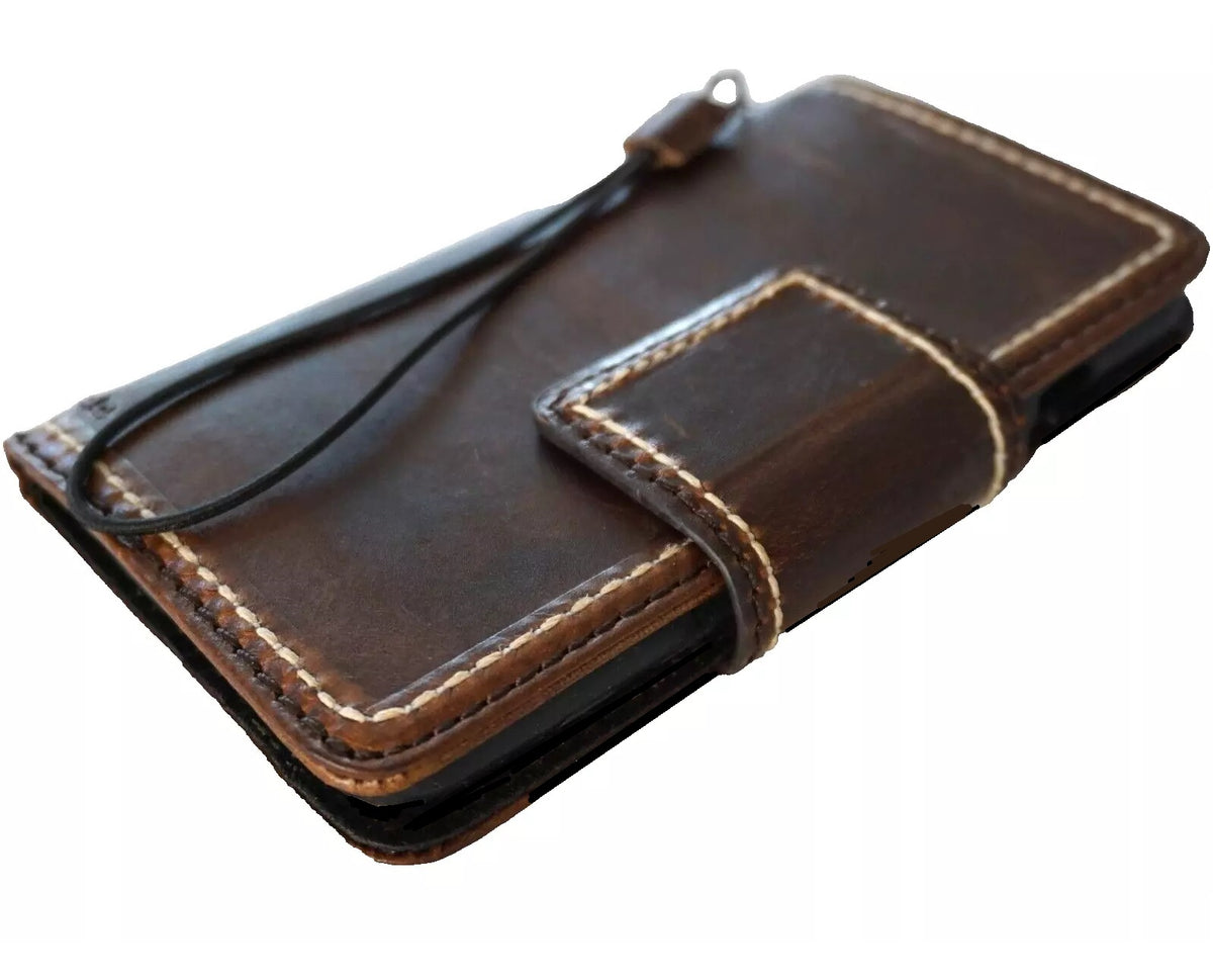 Handmade genuine leather wallet case for Galaxy Z Fold 3-8, vintage dark finish, crafted by DAVISCASE for stylish phone protection.