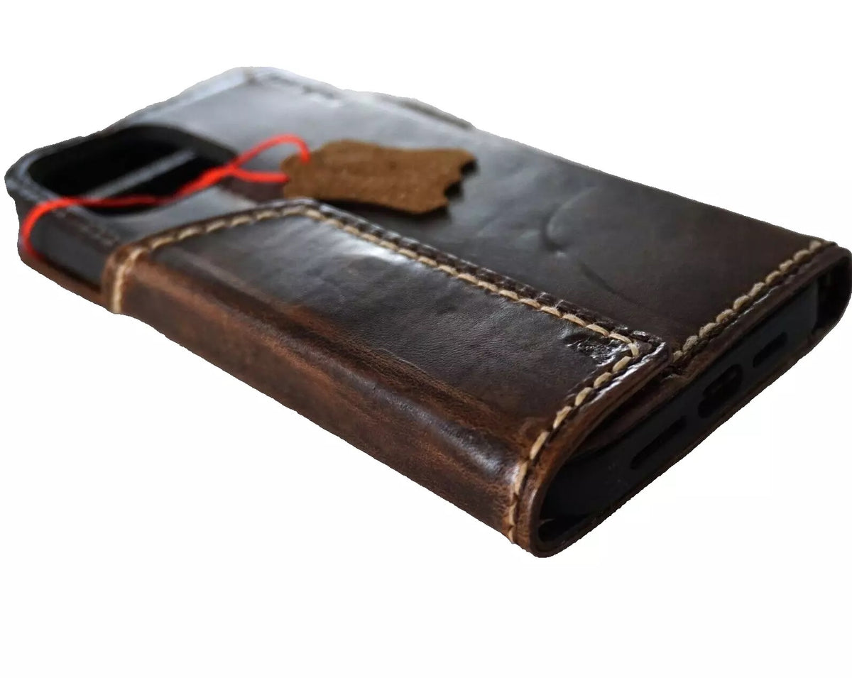 Handcrafted genuine leather phone case for iPhone 11 to 16 Pro Max, wallet-style with magnetic closure, by DAVISCASE.
