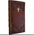 Handmade genuine leather phone case by DAVISCASE for iPhone 16, 12, 13, 14, 15 Pro Max, with vintage cross of Jesus design and Bible art style.