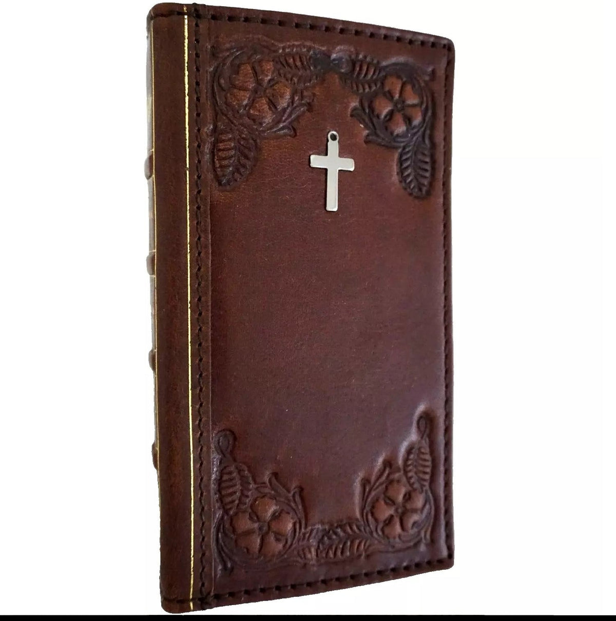 Handmade genuine leather phone case by DAVISCASE for iPhone 16, 12, 13, 14, 15 Pro Max, with vintage cross of Jesus design and Bible art style.