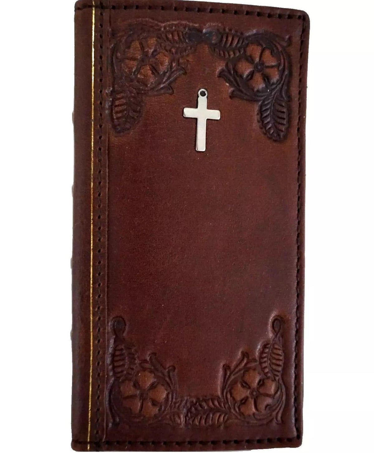 Handmade genuine leather phone case for iPhone models, featuring vintage cross of Jesus craft and mini art design.