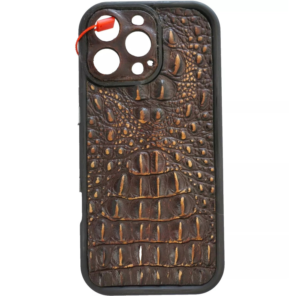 Handmade genuine leather phone case for iPhone 12-16 Pro Max, vintage crocodile style, slim full grain wallet book by DAVISCASE