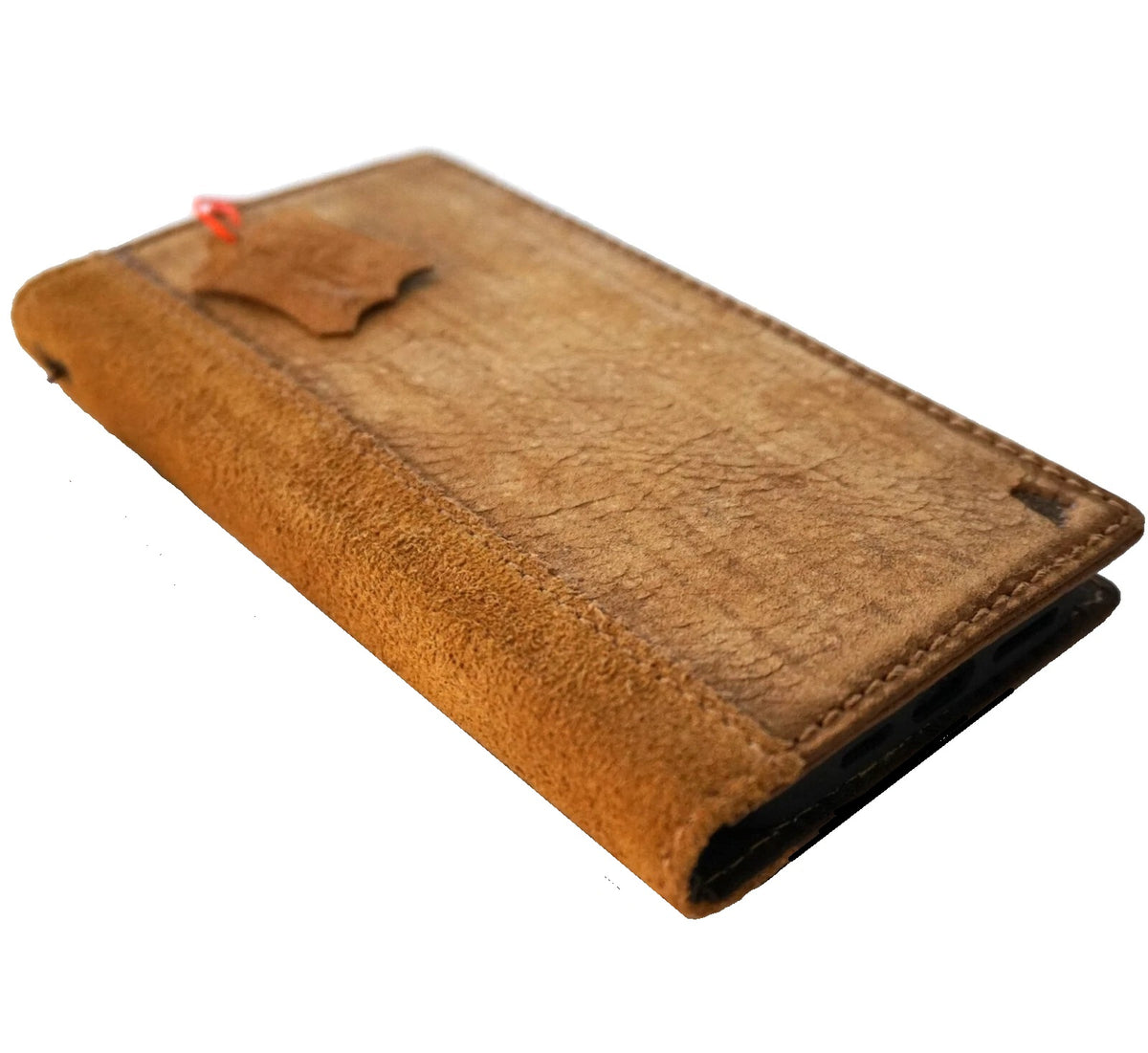 Handmade tan genuine leather wallet case for Apple iPhone 14, 15, 16, 17 Pro Max by DAVISCASE, with card slots and protective cover.