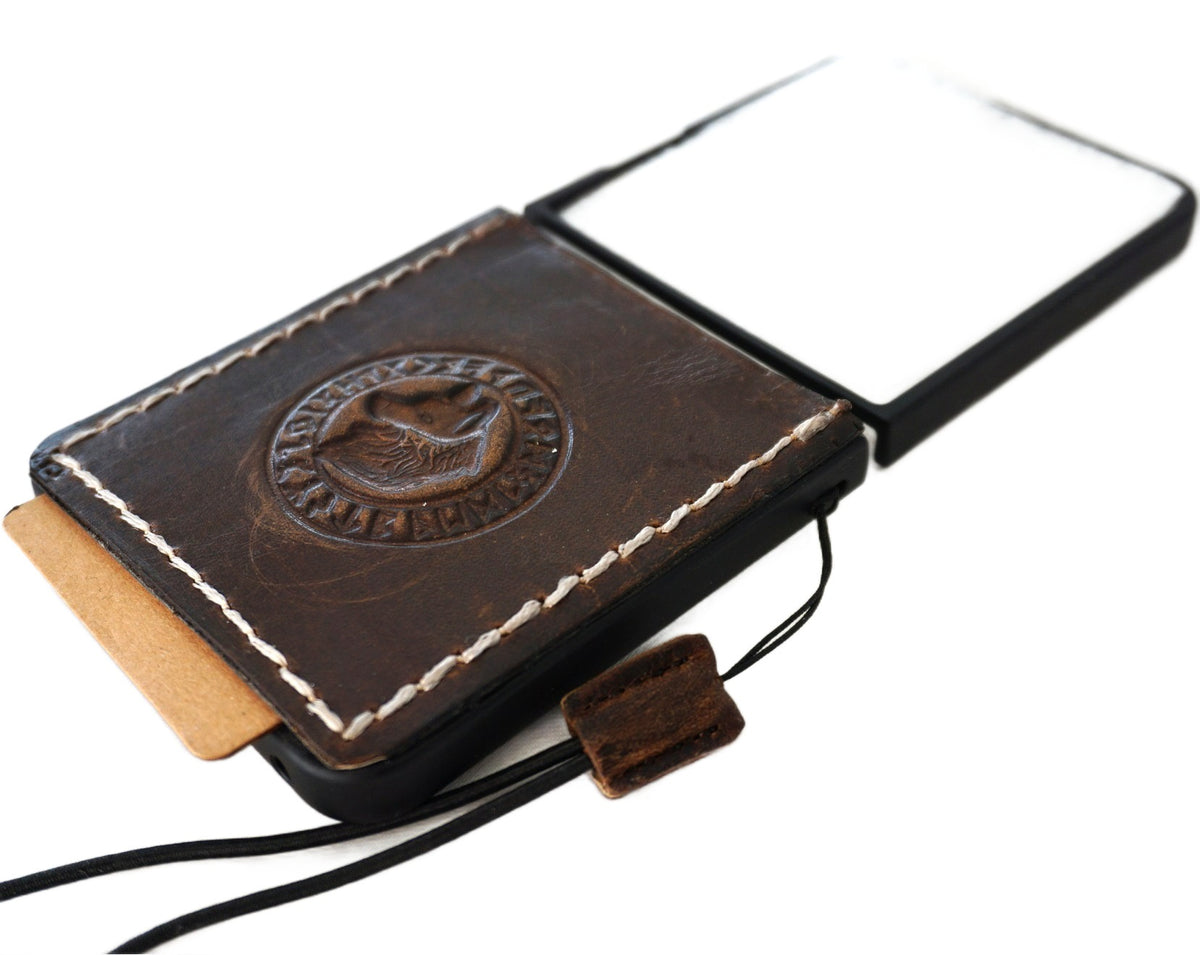 Handmade white leather wallet book case for Galaxy Z Flip 8 7 6 5 4, featuring white stitching and wireless charging compatibility.