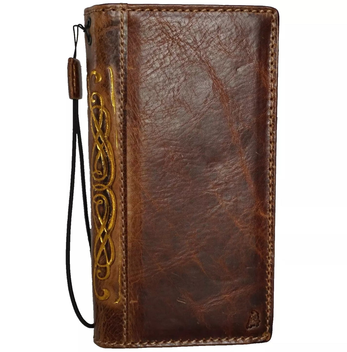 Handmade genuine leather phone case for Apple iPhone 12-16 Pro Max and 8 Plus, with double stitching and gold stamp by DAVISCASE.