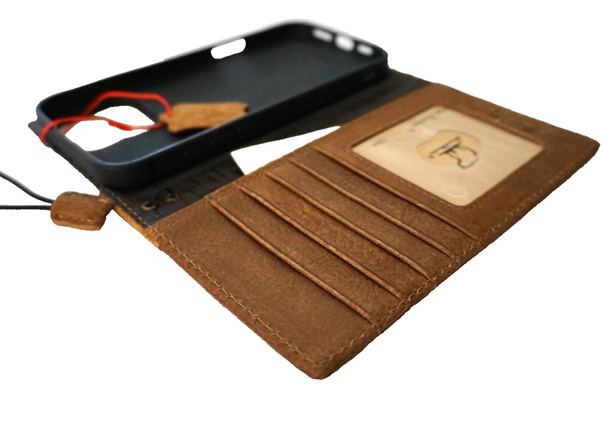 Handmade genuine leather wallet phone case for iPhone 14-17 Pro Max, in tan, with a sleek, compact design by DAVISCASE.