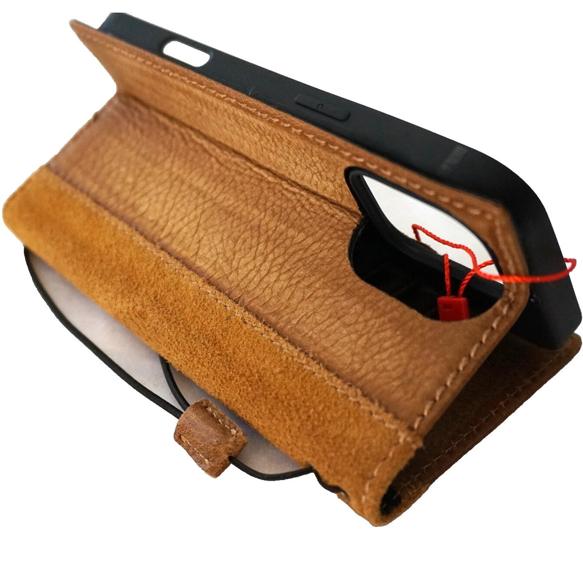 Handmade genuine leather phone case for Galaxy S series with suede finish, featuring wallet and luxury coarse seam details.