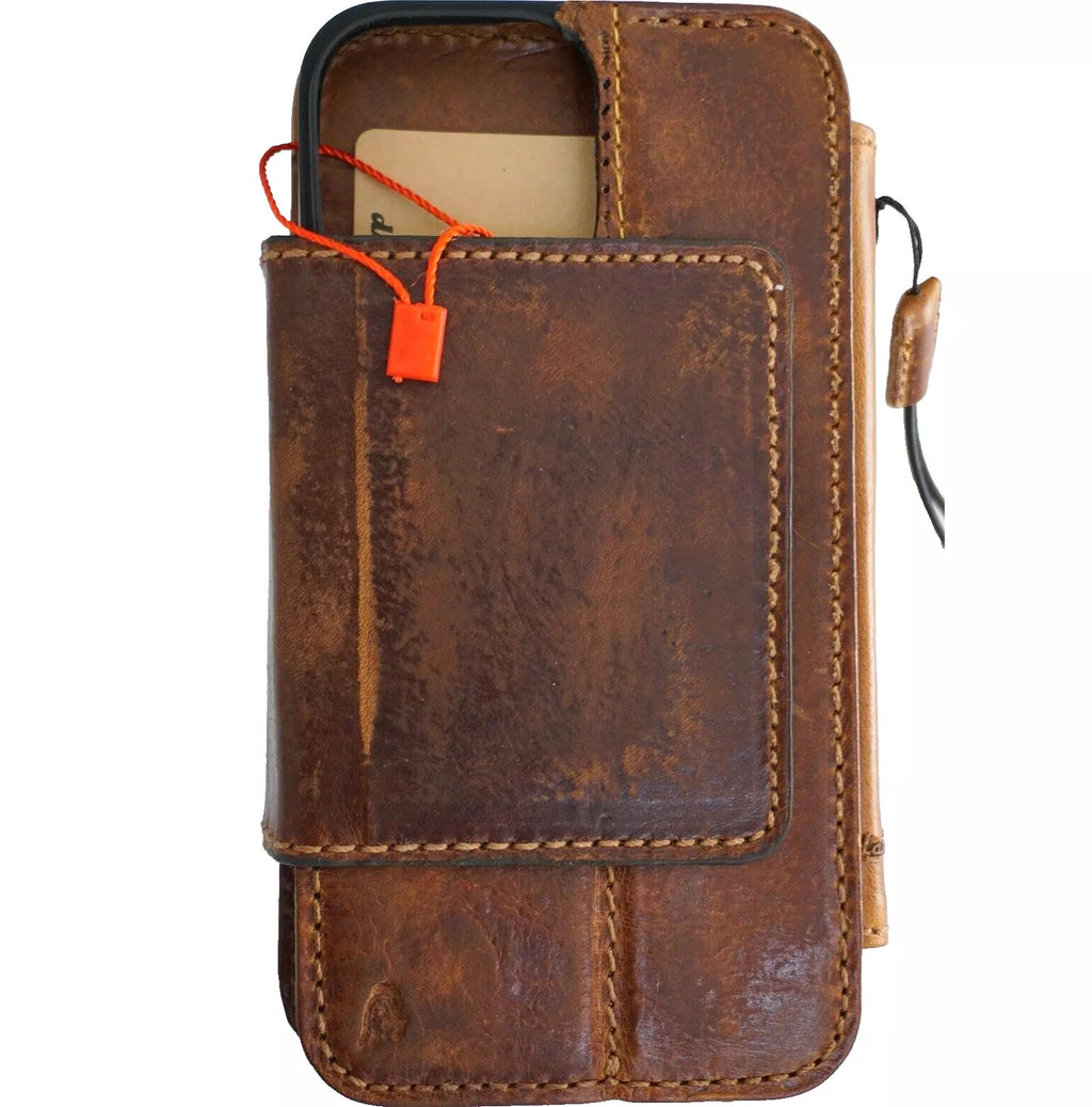 Handmade genuine leather phone case for iPhone 13-16 Pro Max and 8 Plus, with magnetic wallet and removable cover by DAVISCASE.