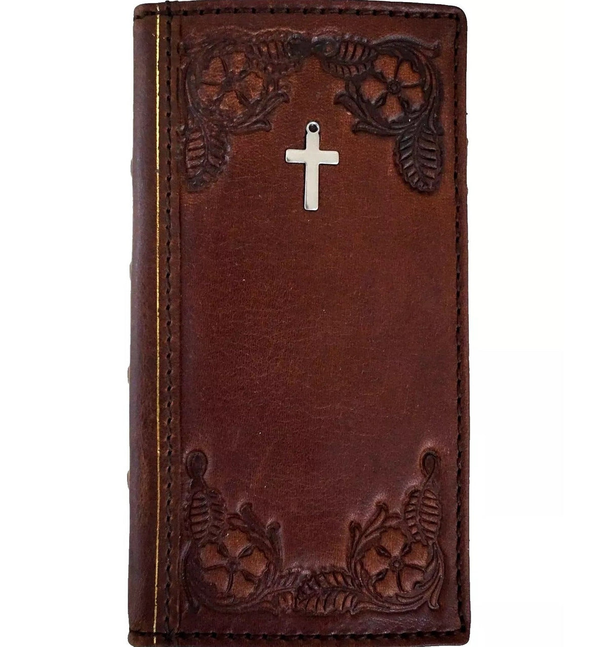 Handmade genuine leather phone case for iPhone 12-16 Pro Max with vintage cross of Jesus design and Bible-inspired artwork.