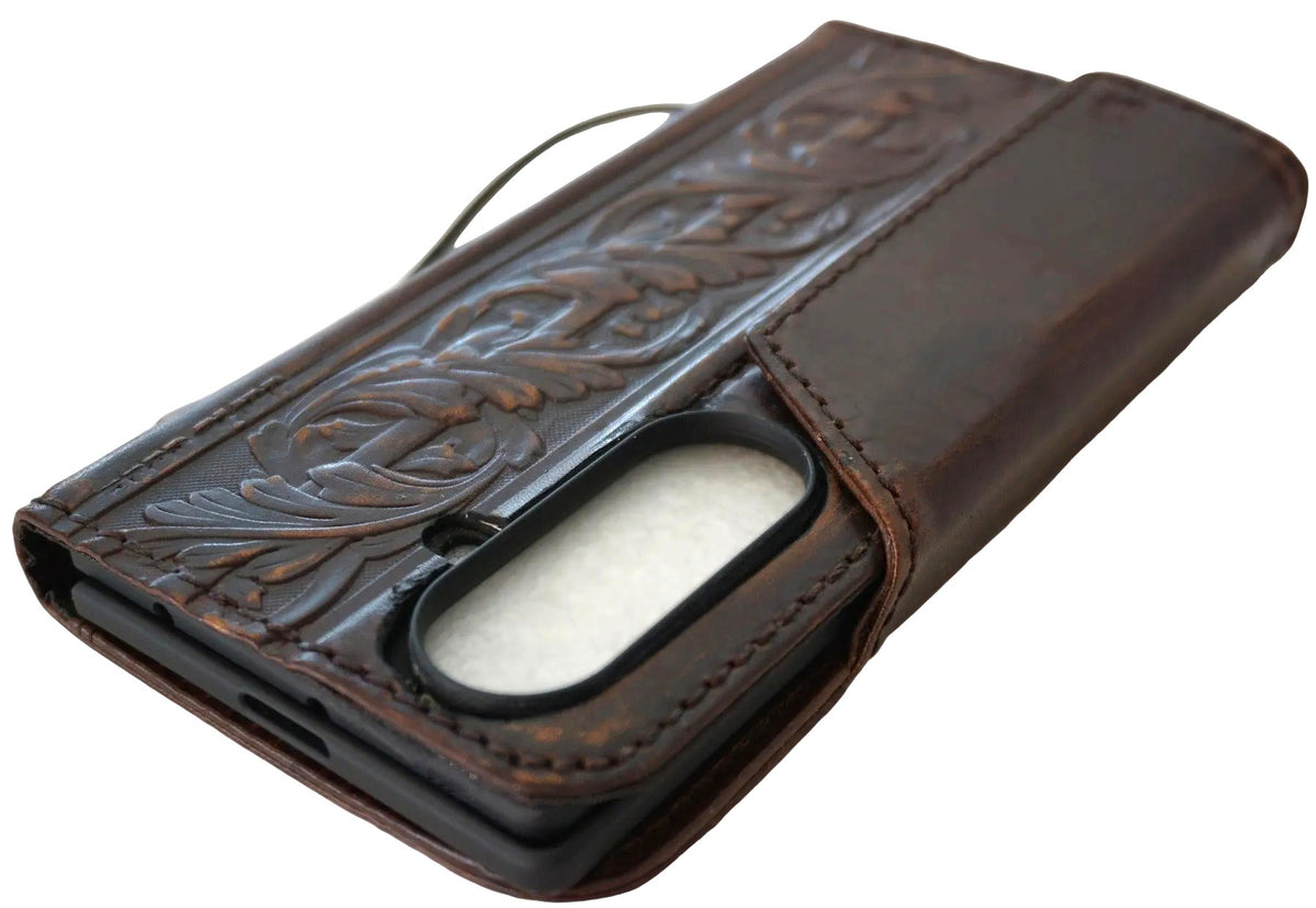 Handmade genuine leather phone case for Galaxy Z Fold 8, 7, 5, 6, with vintage dark art wallet design by DAVISCASE.