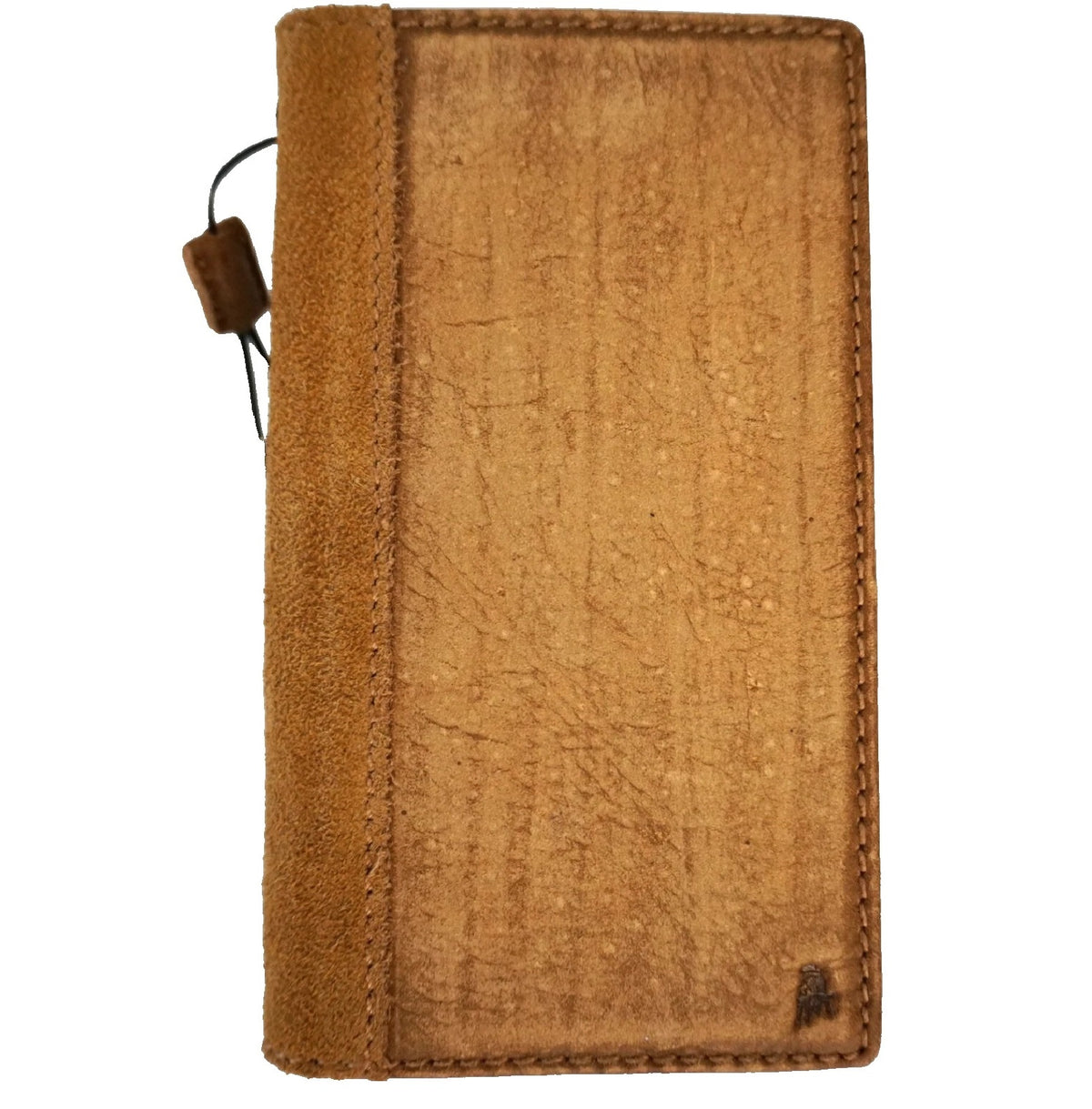 Handmade genuine leather wallet case for iPhone 14 to 17 Pro Max by DAVISCASE, tan color, with a compact, luxurious design.