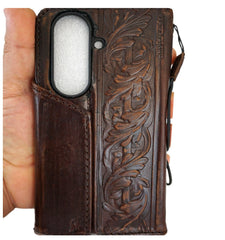 Handmade genuine leather phone case for Galaxy Z Fold 8, 7, 6, 5, with vintage dark book art wallet design by DAVISCASE