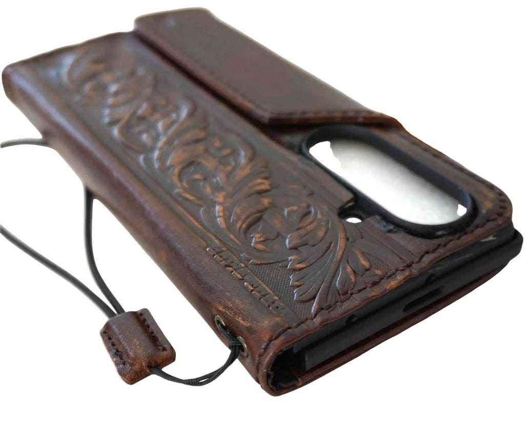 Handmade genuine leather phone case for Galaxy Z Fold 8, 7, 6, 5, with vintage dark book art wallet design by DAVISCASE.